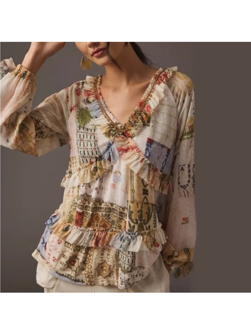 Anthropologie Tiny Ruffle V-Neck Patchwork Blouse - Cream Multi
